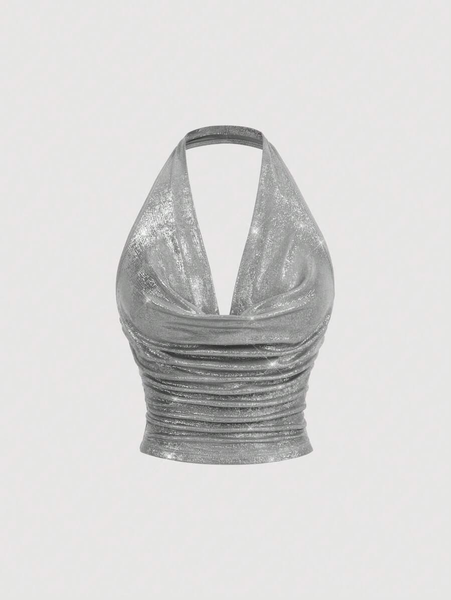 silver metallic ruched halter top