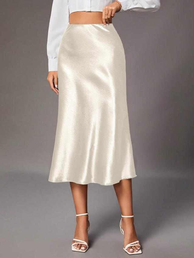 solid color glossy satin midi skirt