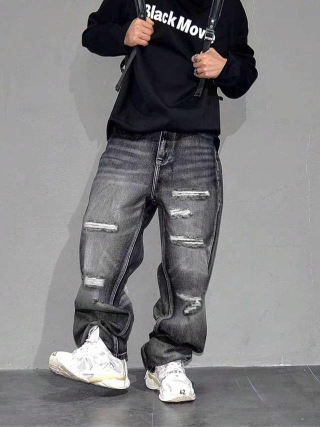 vintage washed distressed straight leg baggy jeans