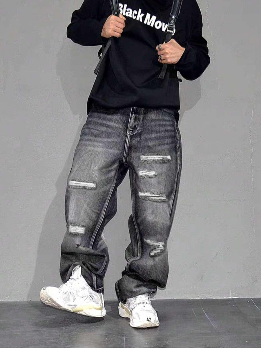 vintage washed distressed straight leg baggy jeans