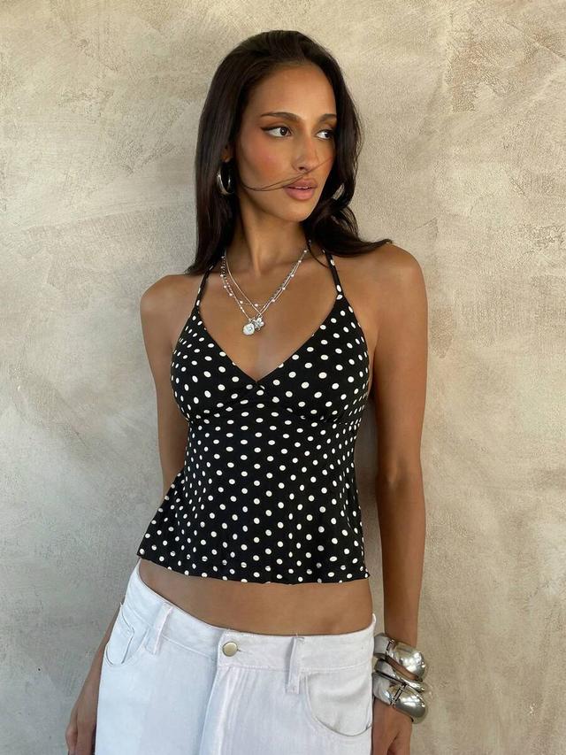 elegant black and white polka dot halter crop top