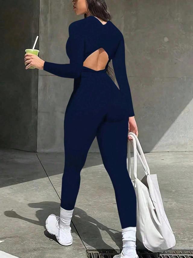 navy long sleeve criss-cross back jumpsuit