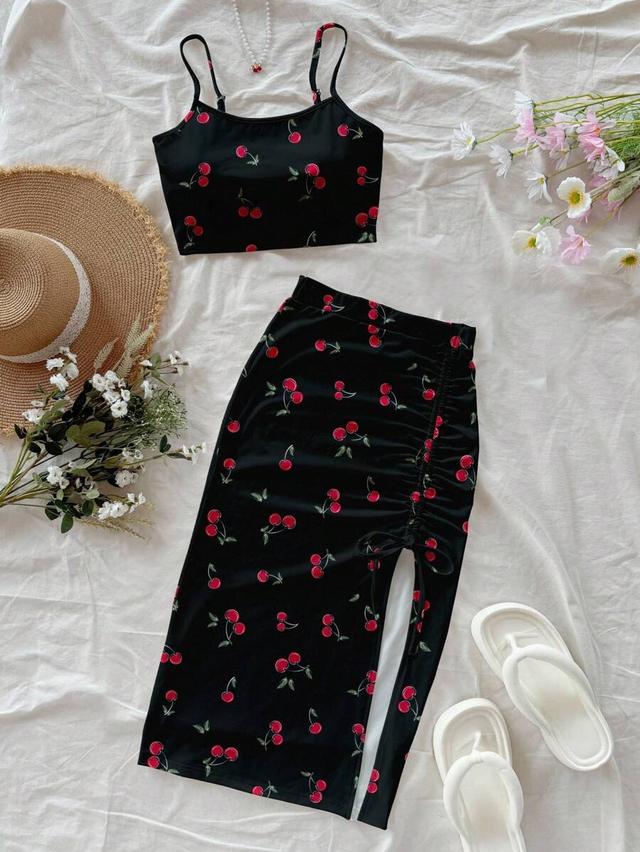 casual cherry print crop top and slit skirt set