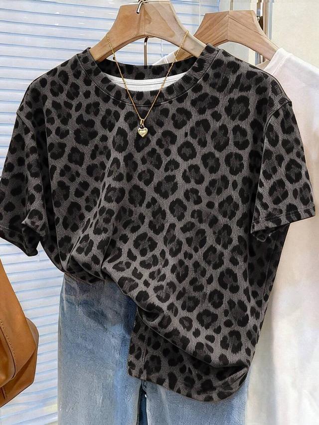 leopard print casual round neck short sleeve t-shirt