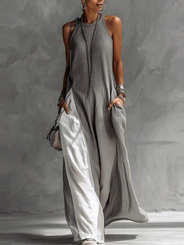 grey and white sleeveless linen blend maxi dress