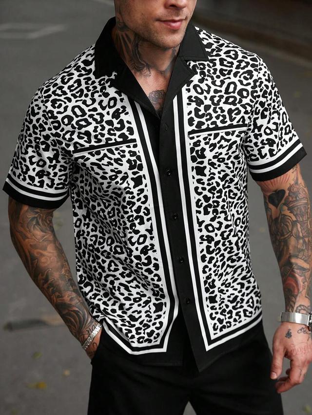 leopard print cuban collar short sleeve button-up shirt