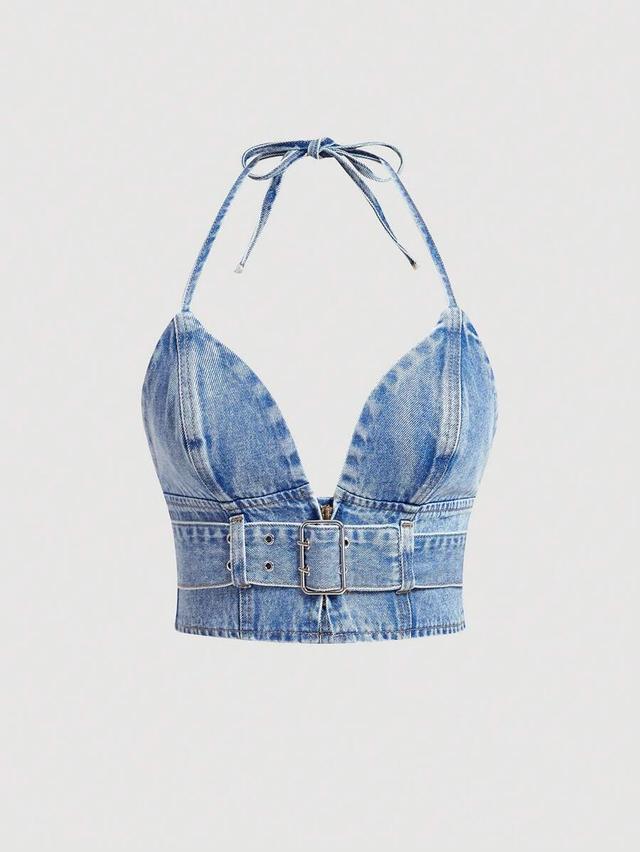 denim halter top with grommet belt detail