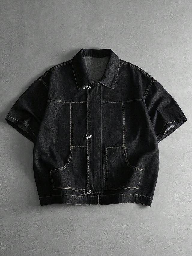 solid black short sleeve denim shirt with contrast stitching