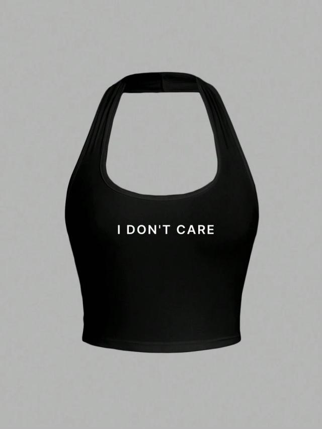 black slogan graphic halter neck tank top