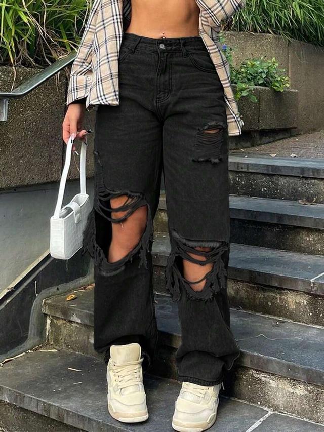 distressed black denim relaxed fit jeans