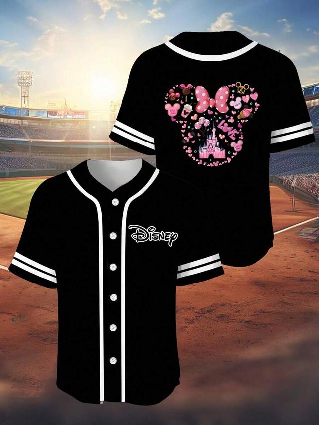 disney minnie mouse castle print baseball button down top