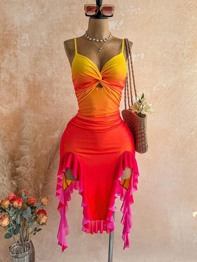 ombre yellow to red twist front ruffle dress