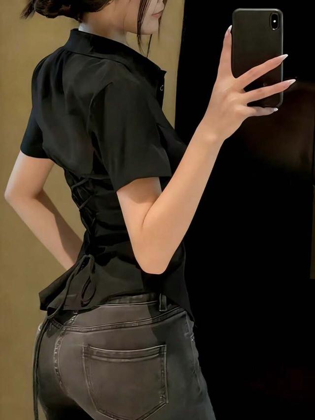 summer elegant black back lace-up cinched waist shirt