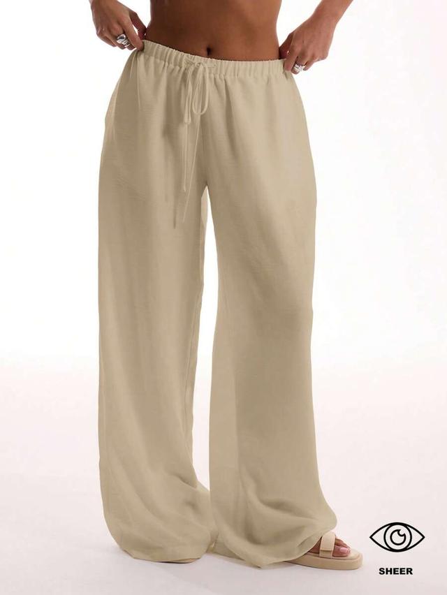 beige textured linen feel tie waist wide leg trousers