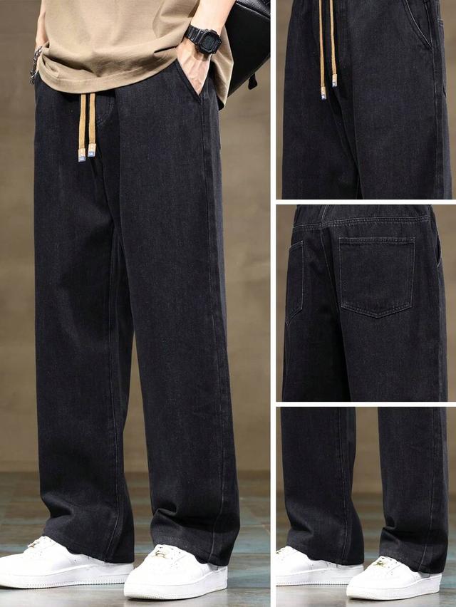 men's washed black denim drawstring straight leg jeans