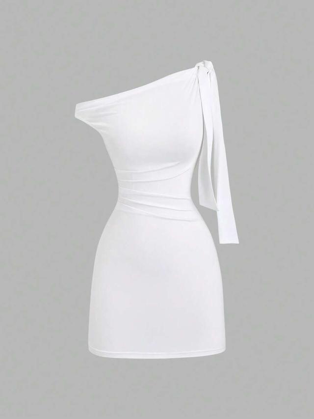 white asymmetrical shoulder ruffle bodycon mini dress