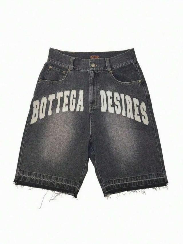 distressed black denim shorts with letter embroidery