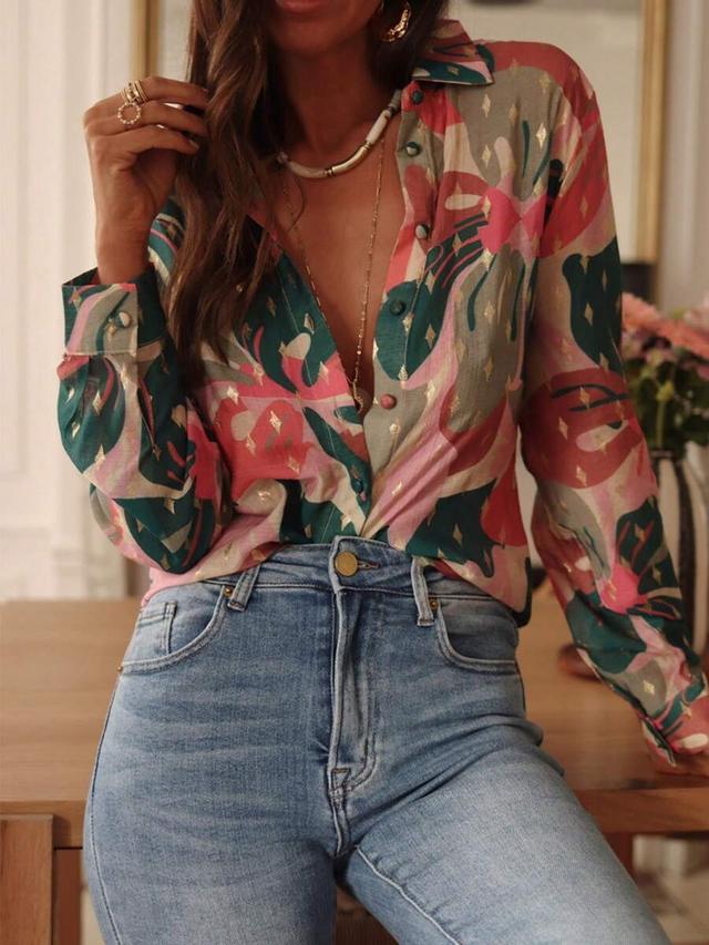 printed long sleeve button down shirt with metallic accents