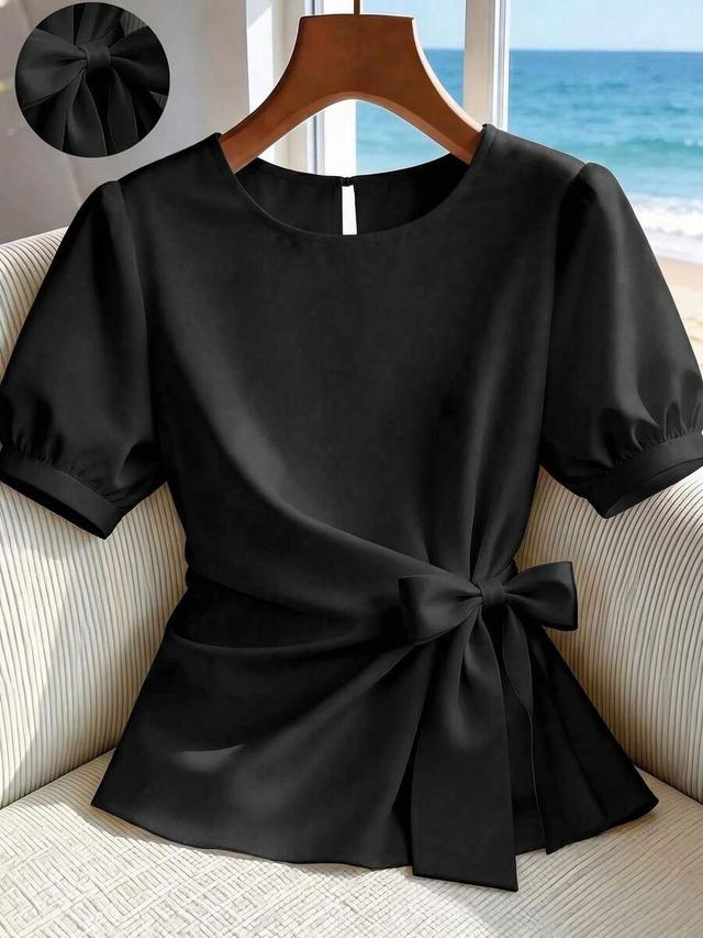 solid black knotted waist summer blouse