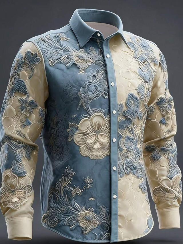 cream floral men's floral embroidered contrast color button down shirt