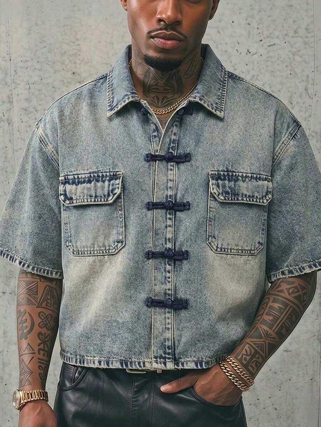 men's washed distressed denim shirt with frog buttons