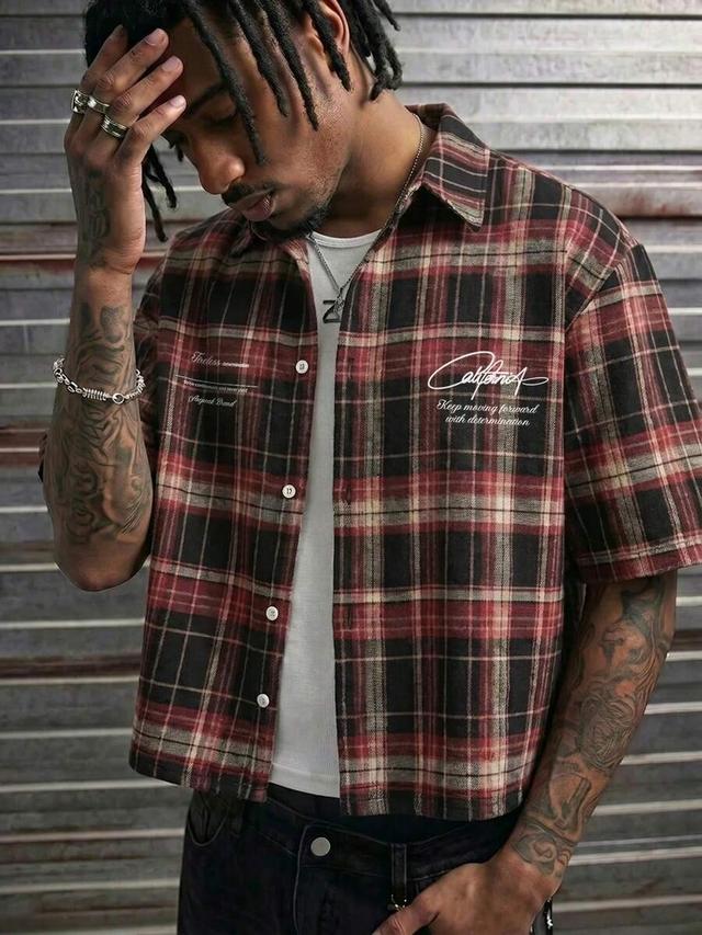 axepeak men's plaid letter print short sleeve shirt