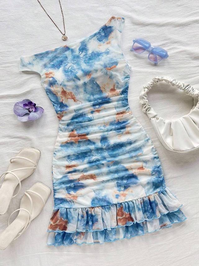 tie dye ruched asymmetrical ruffle hem mini dress