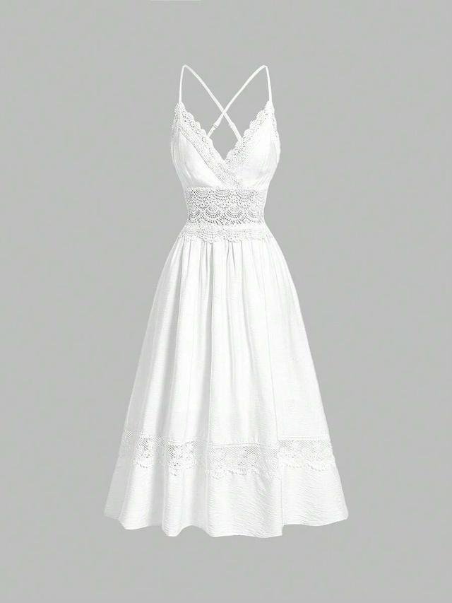 white vintage lace trim spaghetti strap midi dress