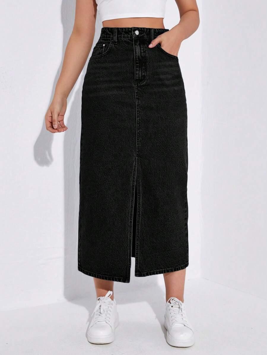 black denim midi skirt with front slit