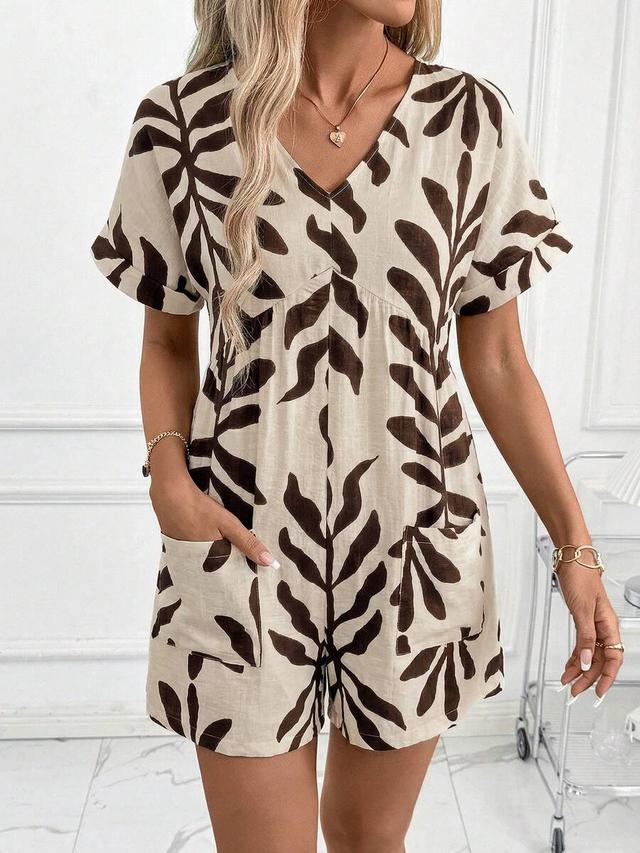 beige leaf print v-neck sleeveless romper