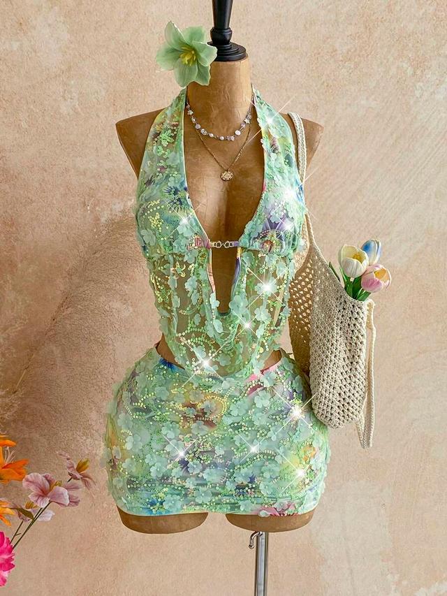 shiny sequin floral halter top and mini skirt set