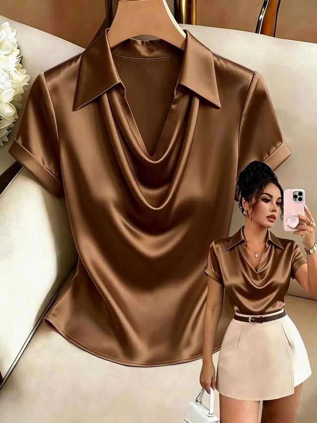 brown satin cowl neck short sleeve blouse