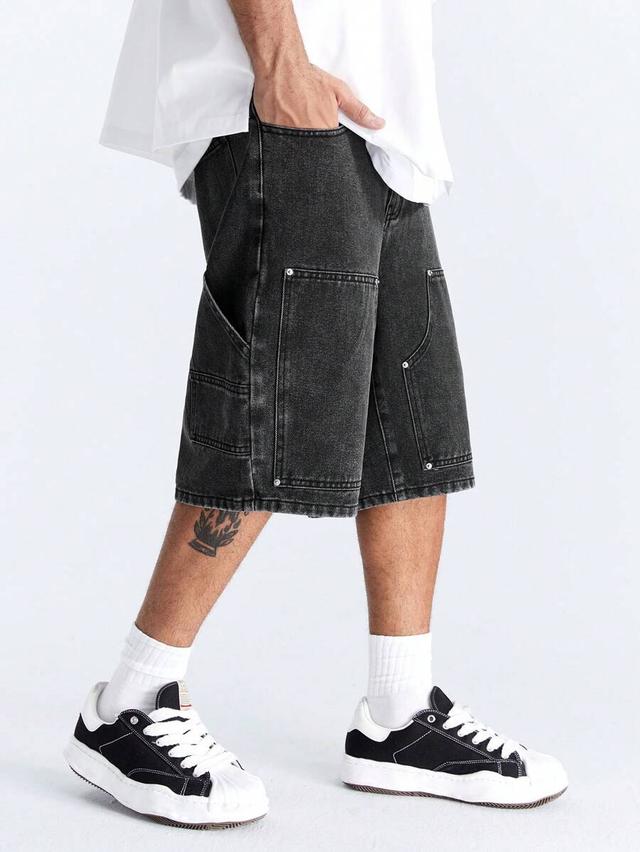 loose fit black denim carpenter shorts