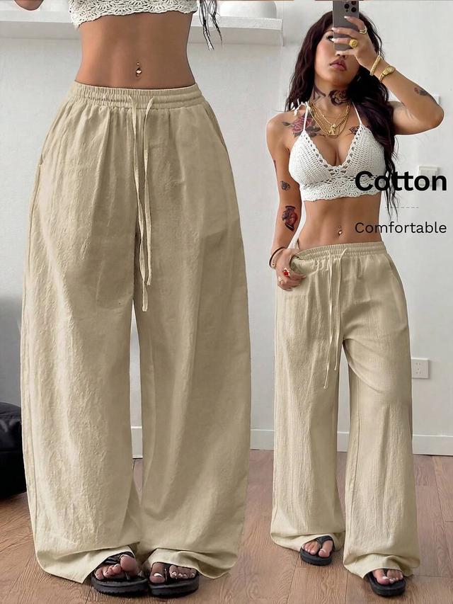 washed cotton minimalist beige drawstring wide leg pants