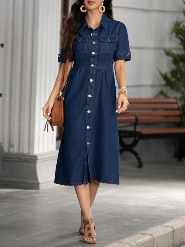 women's v-neck denim shirt dress with short sleeves