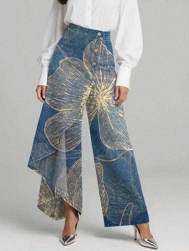 women's vintage flower print high-waisted wide-leg jeans