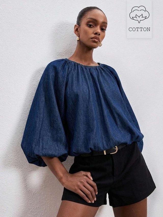 blue denim peasant blouse with gathered neckline