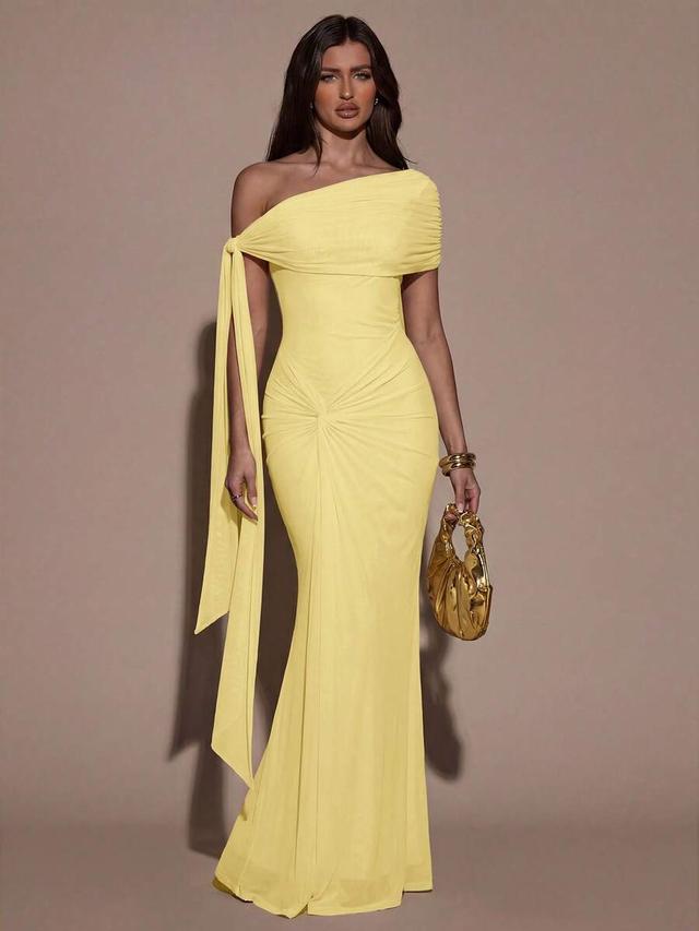 yellow asymmetric twist bodycon maxi dress