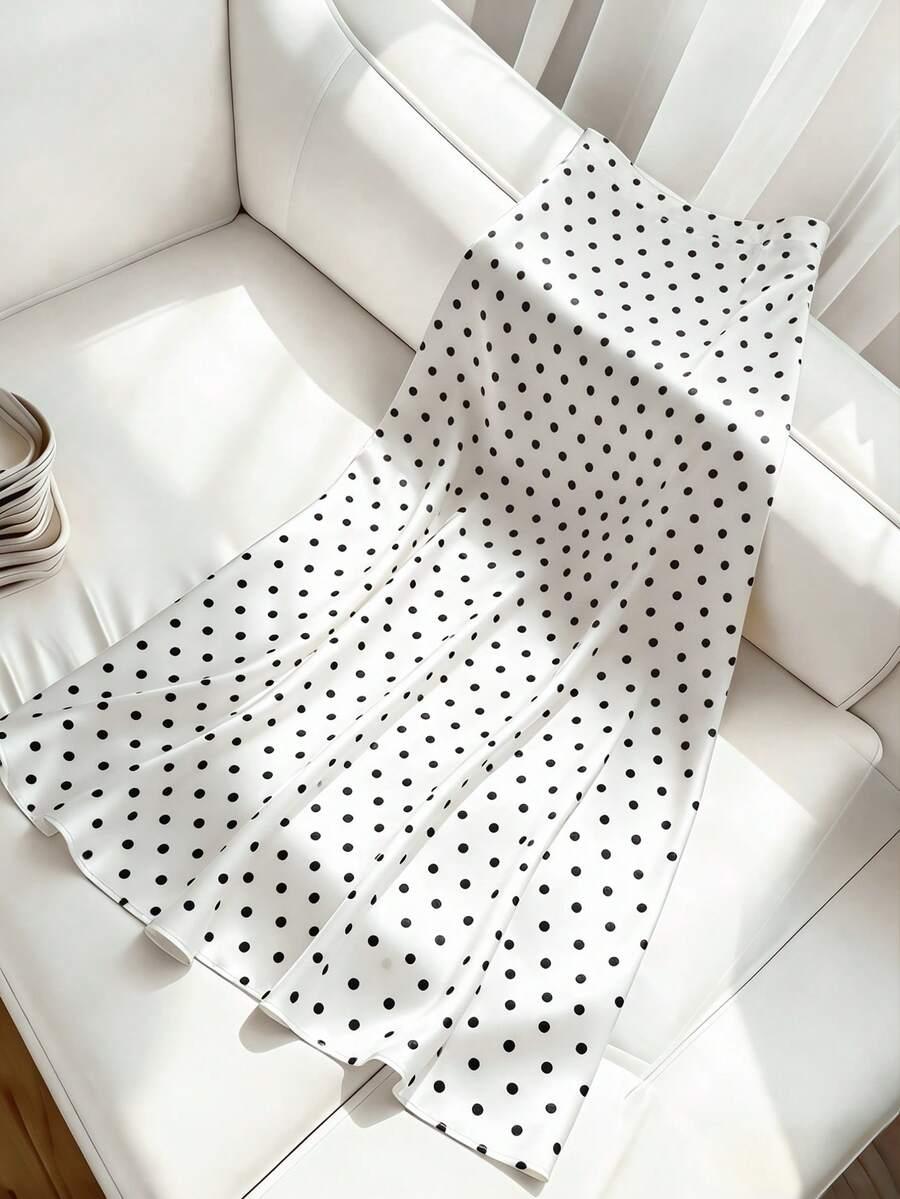 white polka dot satin midi skirt