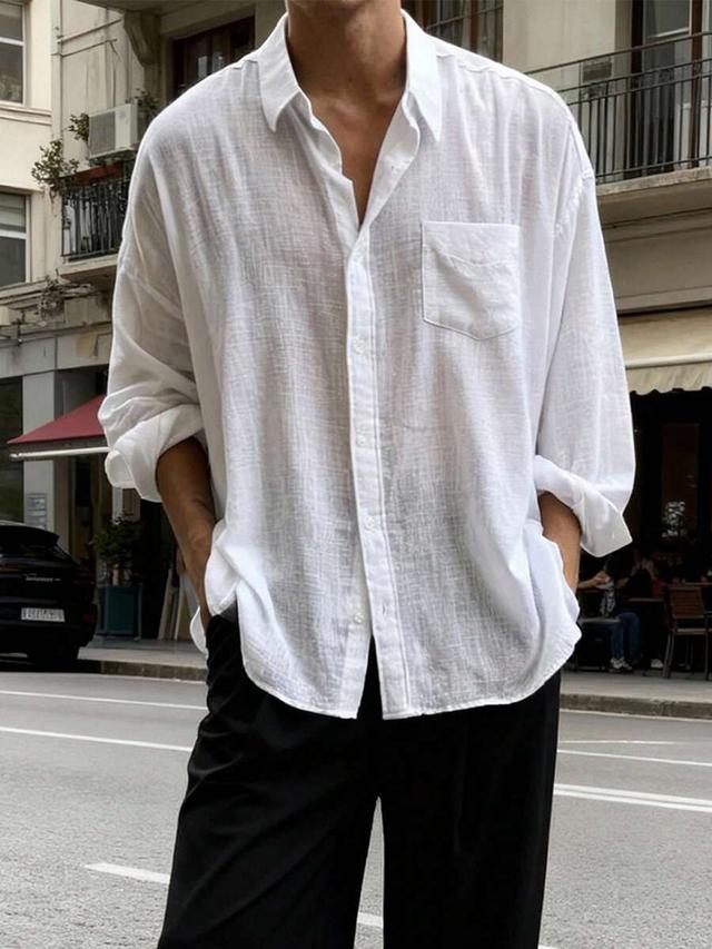 men's solid white long sleeve casual linen shirt