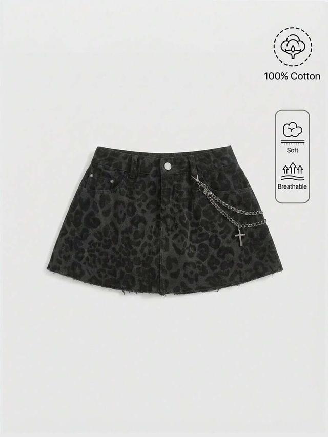 black leopard print denim mini skirt with chain