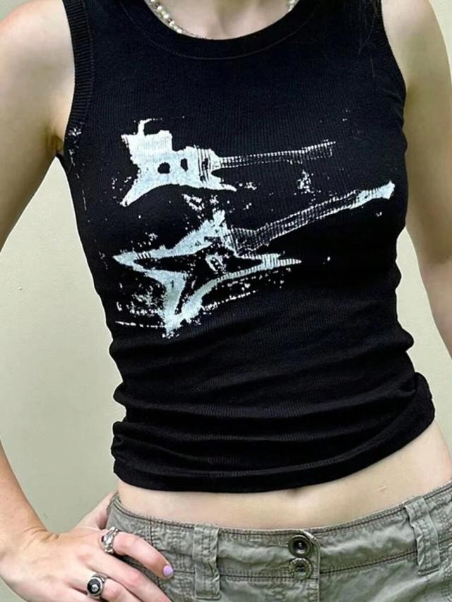 women's black guitar print slim fit cropped tank top