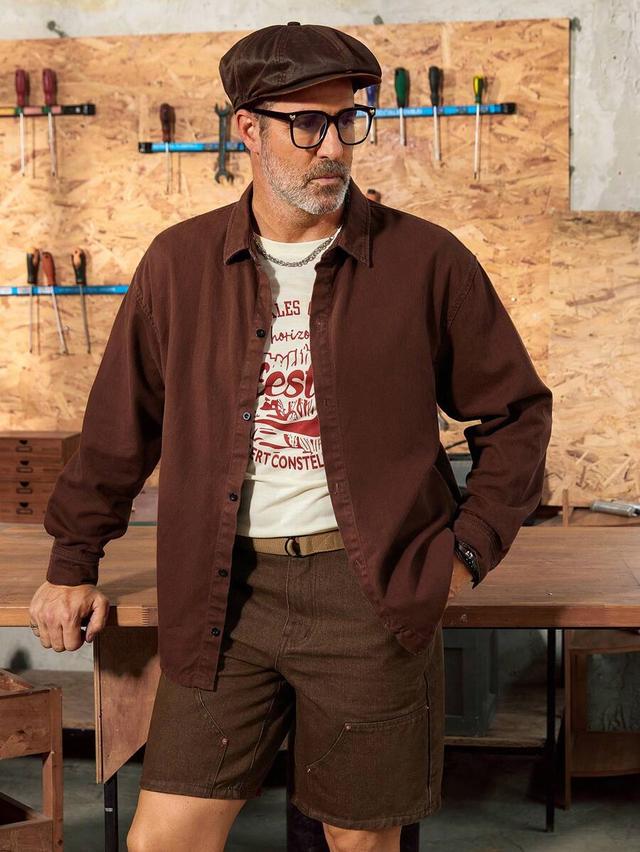 brown long-sleeve single-breasted casual denim shirt