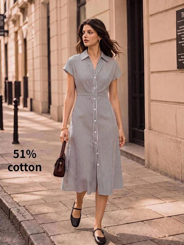 striped cinched waist cap sleeve button down dress