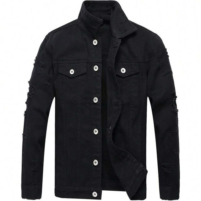 black distressed denim slim fit cargo jacket
