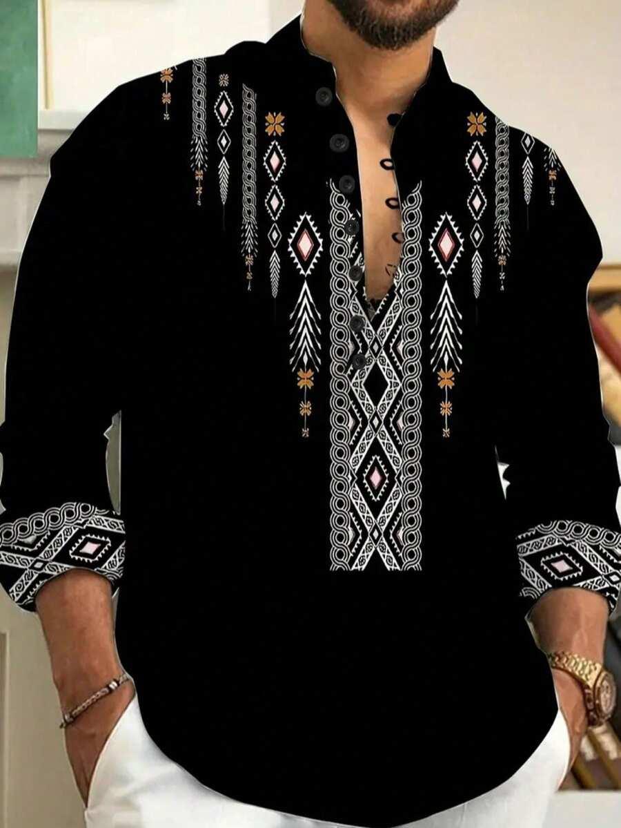 black men's black long sleeve shirt with geometric print