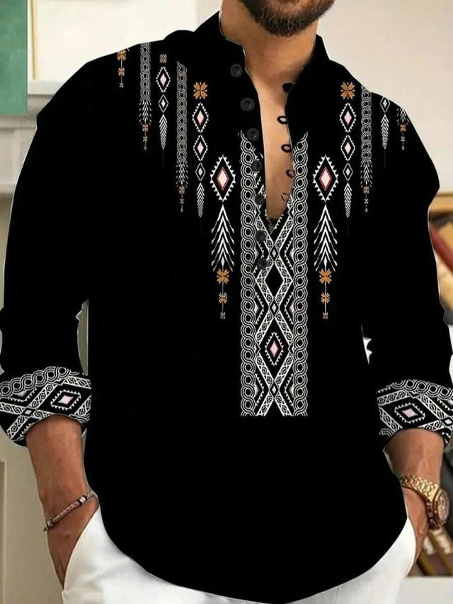 black men's black long sleeve shirt with geometric print