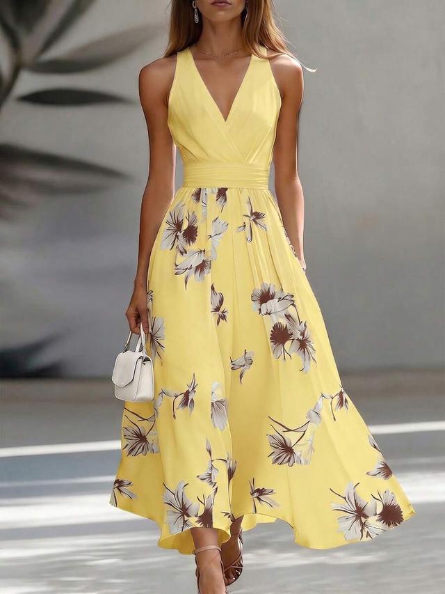yellow floral print sleeveless v-neck midi dress