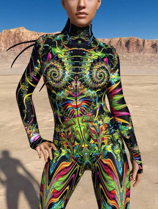 multicolor fantasy print spandex long sleeve bodysuit