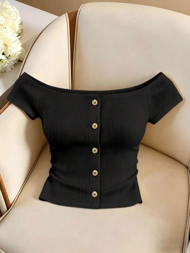 gloveve white ribbed off-shoulder faux placket button top
